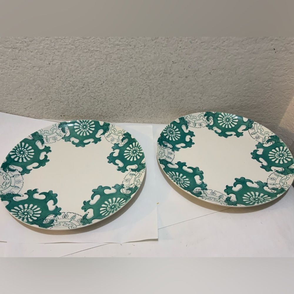 2 Threshold Keira Stoneware Green Patterned Stoneware Dinner Plates 10.5" G18